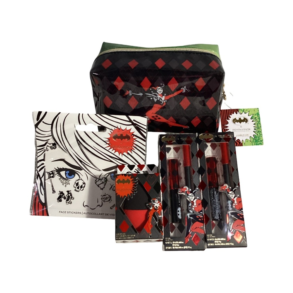 Revolution x DC Harley Quinn 5pc Lot: Cosmetic Bag, Sponge, 2 Lip Kit & Stickers